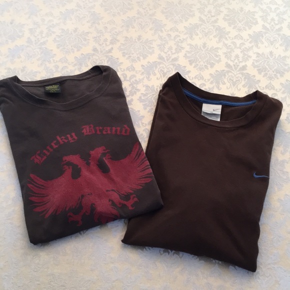 Lucky Brand & Nike brown tees bundle with shoulder sun damage - Picture 1 of 8